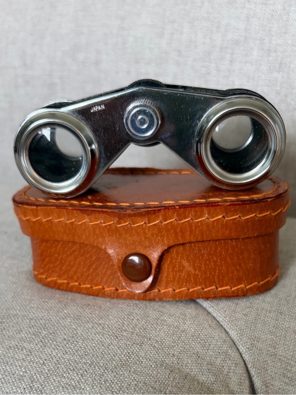 Compact Opera Binoculars with Brown Leather Case.